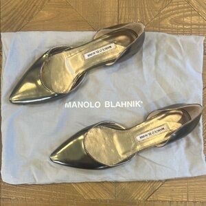 Manolo Blahnik Black and Gold Flats with Pointed Toe